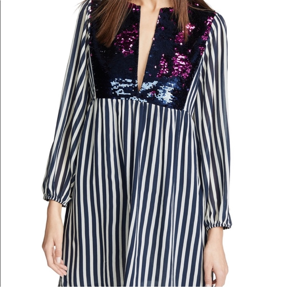FIGUE Sequined Silk Mini Tunic Dress Blue Stripe Size Medium